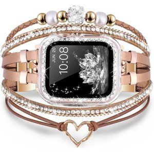 NEW Boho Leather Beaded Natural Stone Apple Watch Band with Case